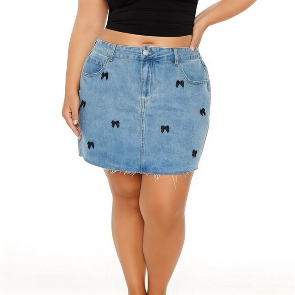Forever 21 Mini Denim Skirt Womens 1X Medium Wash Blue Black Bow Accents Retro - Picture 1 of 10